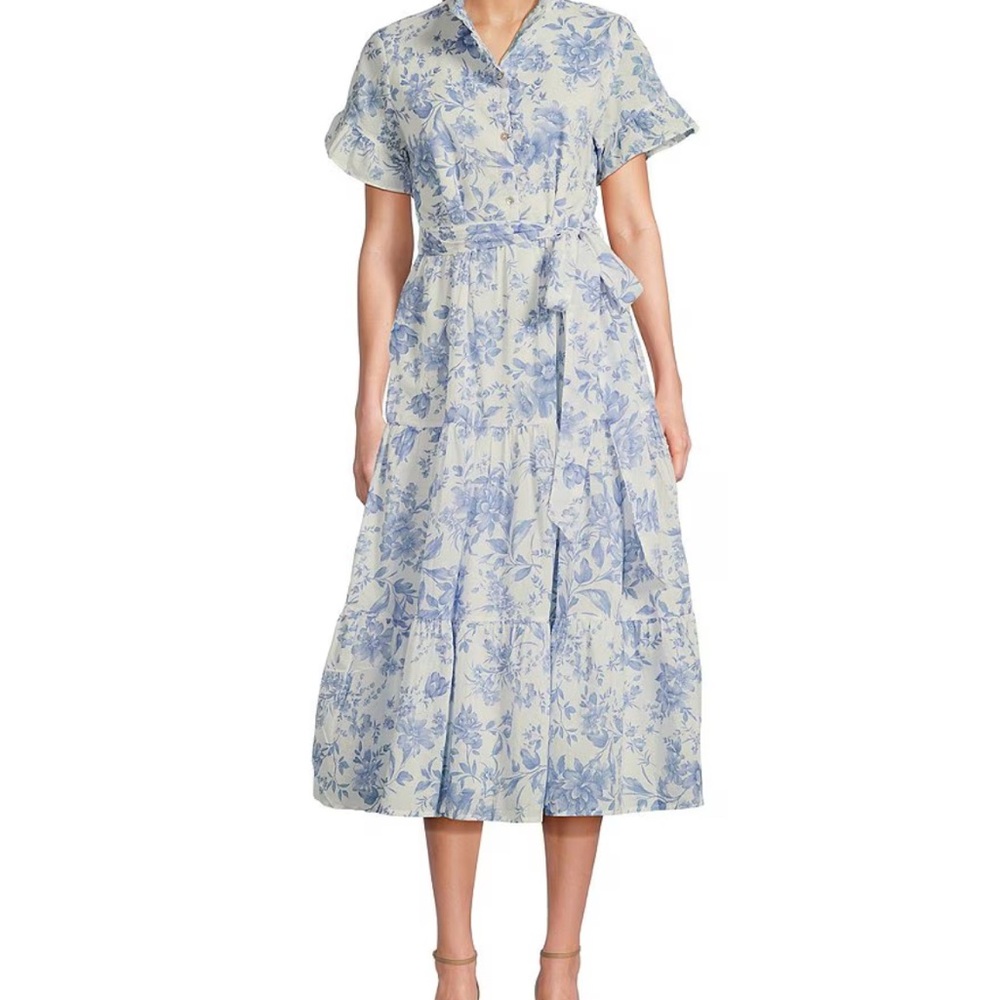Light Blue Floral Midi Dress with Tie Waist